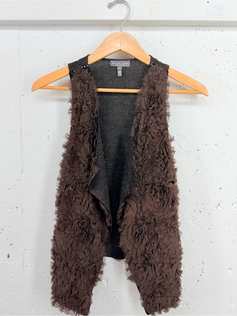 Sachin + Babi Size Small Brown Gray Silk & Wool Blend Textured Open-Front Vest
